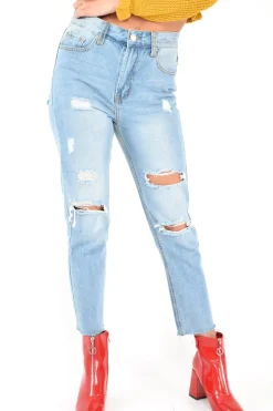Rebellious Fashion Light Wash Distressed Bum Rip Mom Jeans - Issi