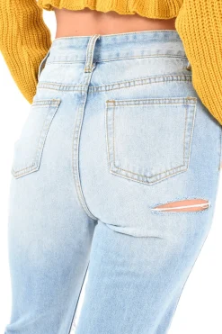 Rebellious Fashion Light Wash Distressed Bum Rip Mom Jeans - Issi