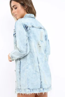 Rebellious Fashion Light Wash Distressed Denim Jacket - Saima