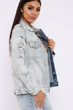Rebellious Fashion Light Wash Distressed Denim Jacket - Manila