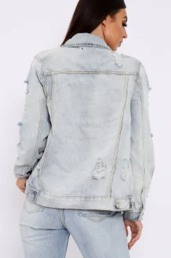 Rebellious Fashion Light Wash Distressed Denim Jacket - Manila