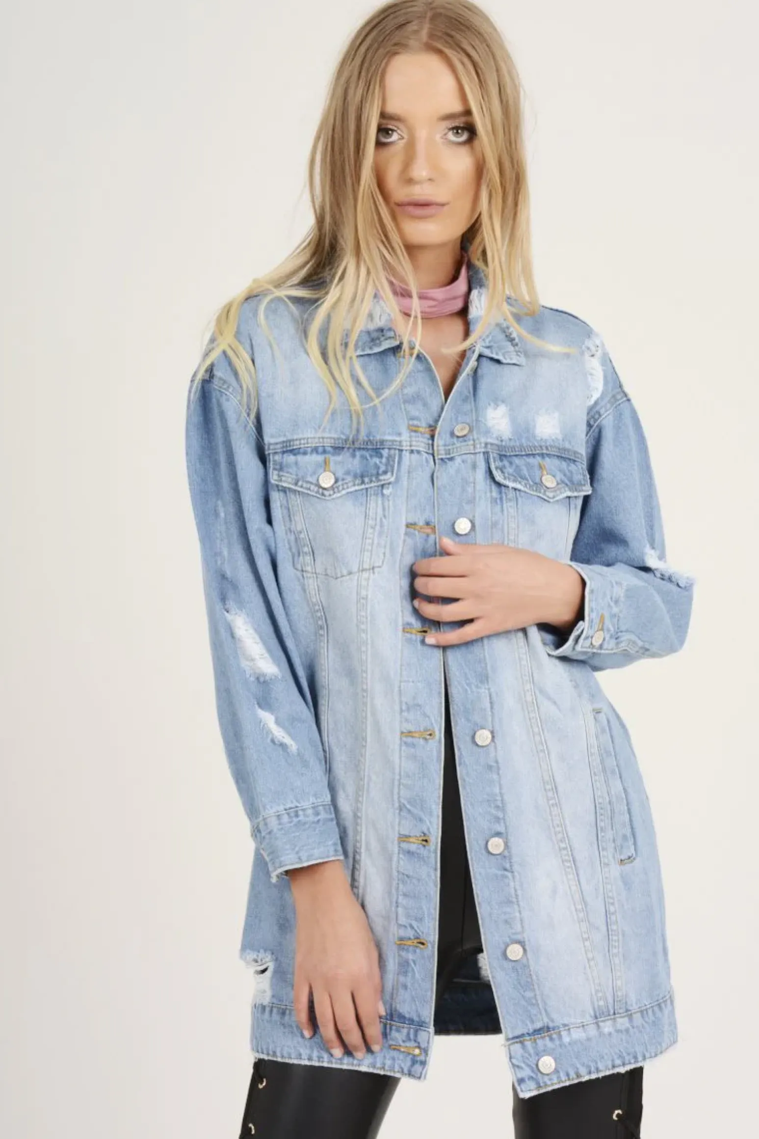 Rebellious Fashion Light Wash Distressed Oversized Denim Jacket - Betti