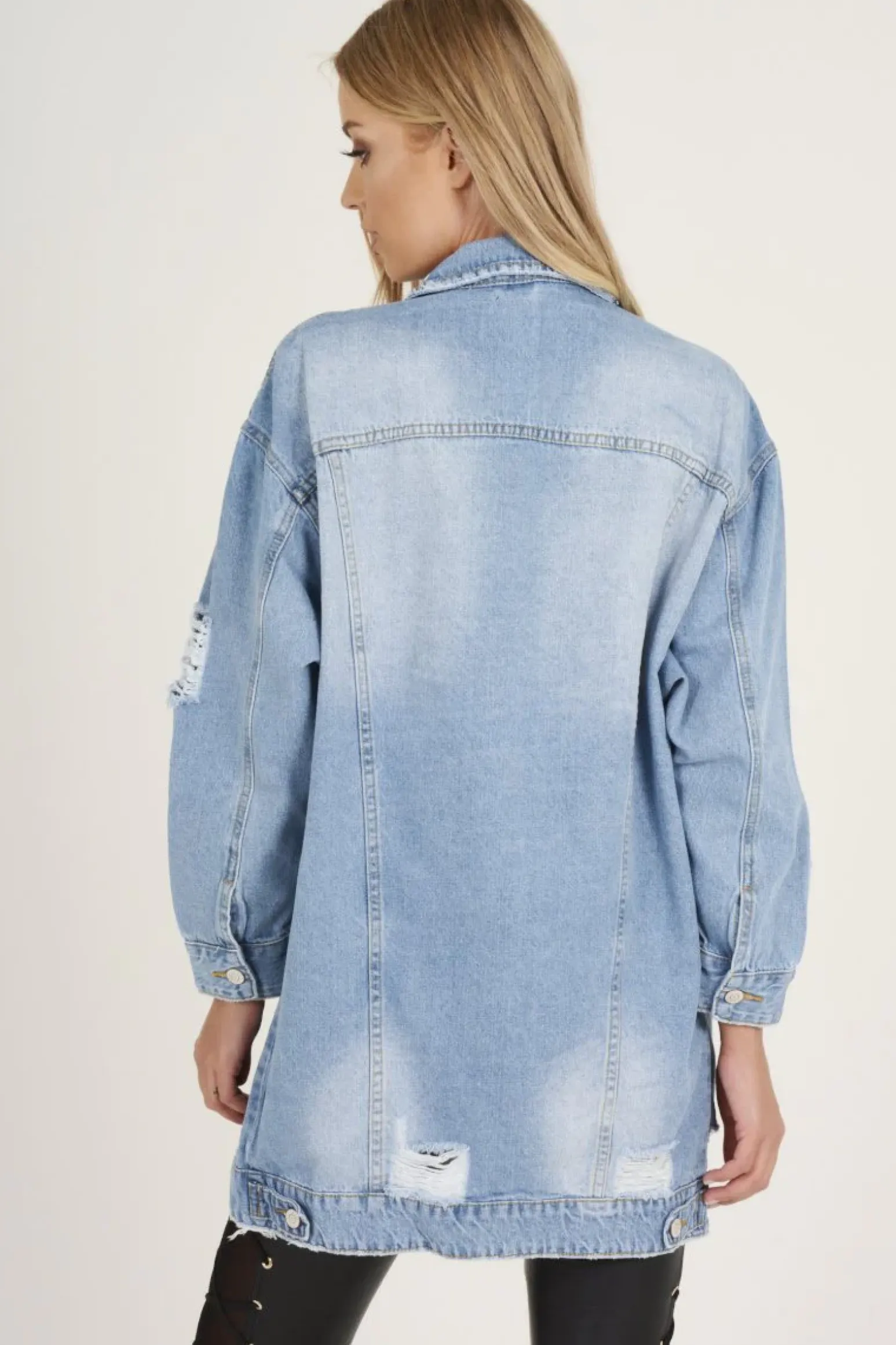 Rebellious Fashion Light Wash Distressed Oversized Denim Jacket - Betti