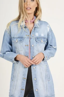 Rebellious Fashion Light Wash Distressed Oversized Denim Jacket - Betti