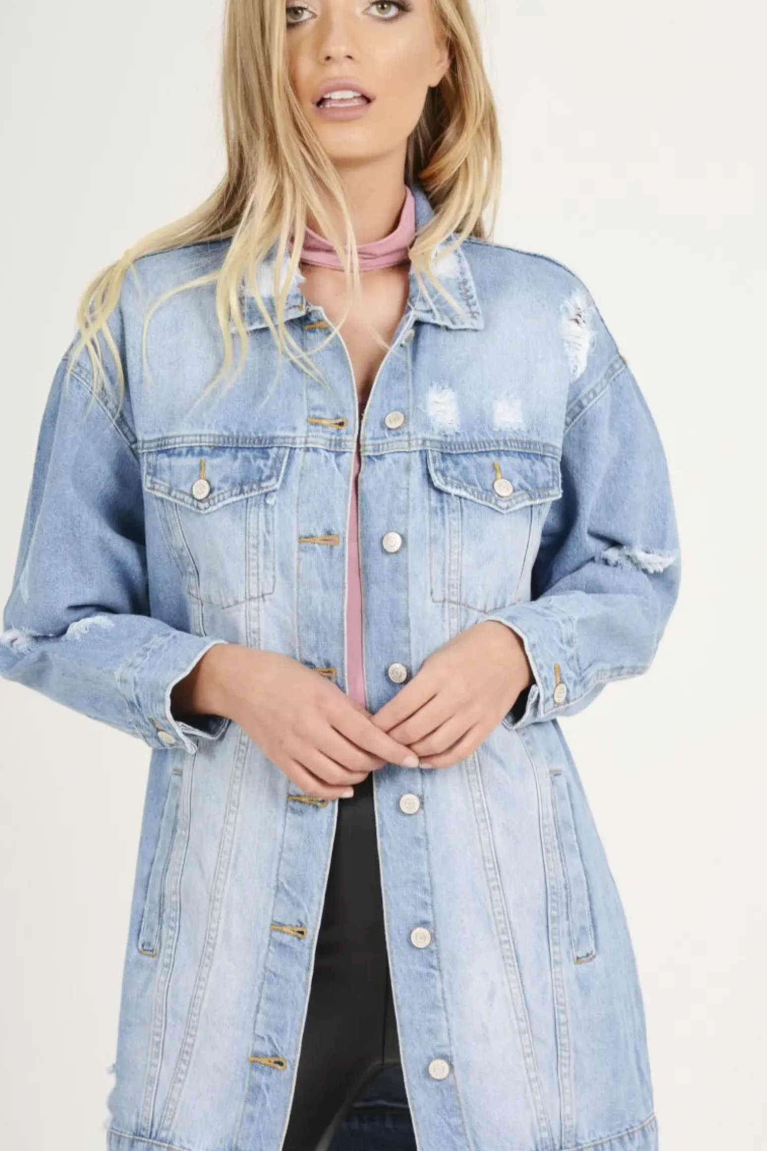 Rebellious Fashion Light Wash Distressed Oversized Denim Jacket - Betti
