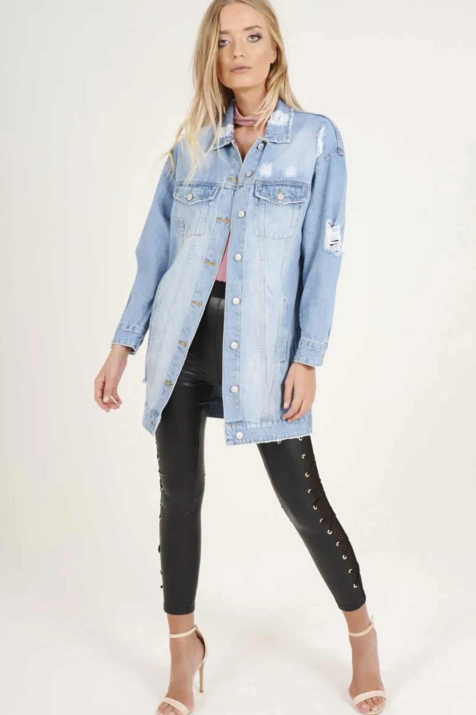 Rebellious Fashion Light Wash Distressed Oversized Denim Jacket - Betti