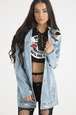 Rebellious Fashion Light Wash Distressed Oversized Denim Jacket - Amra