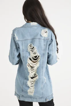 Rebellious Fashion Light Wash Distressed Oversized Denim Jacket - Amra