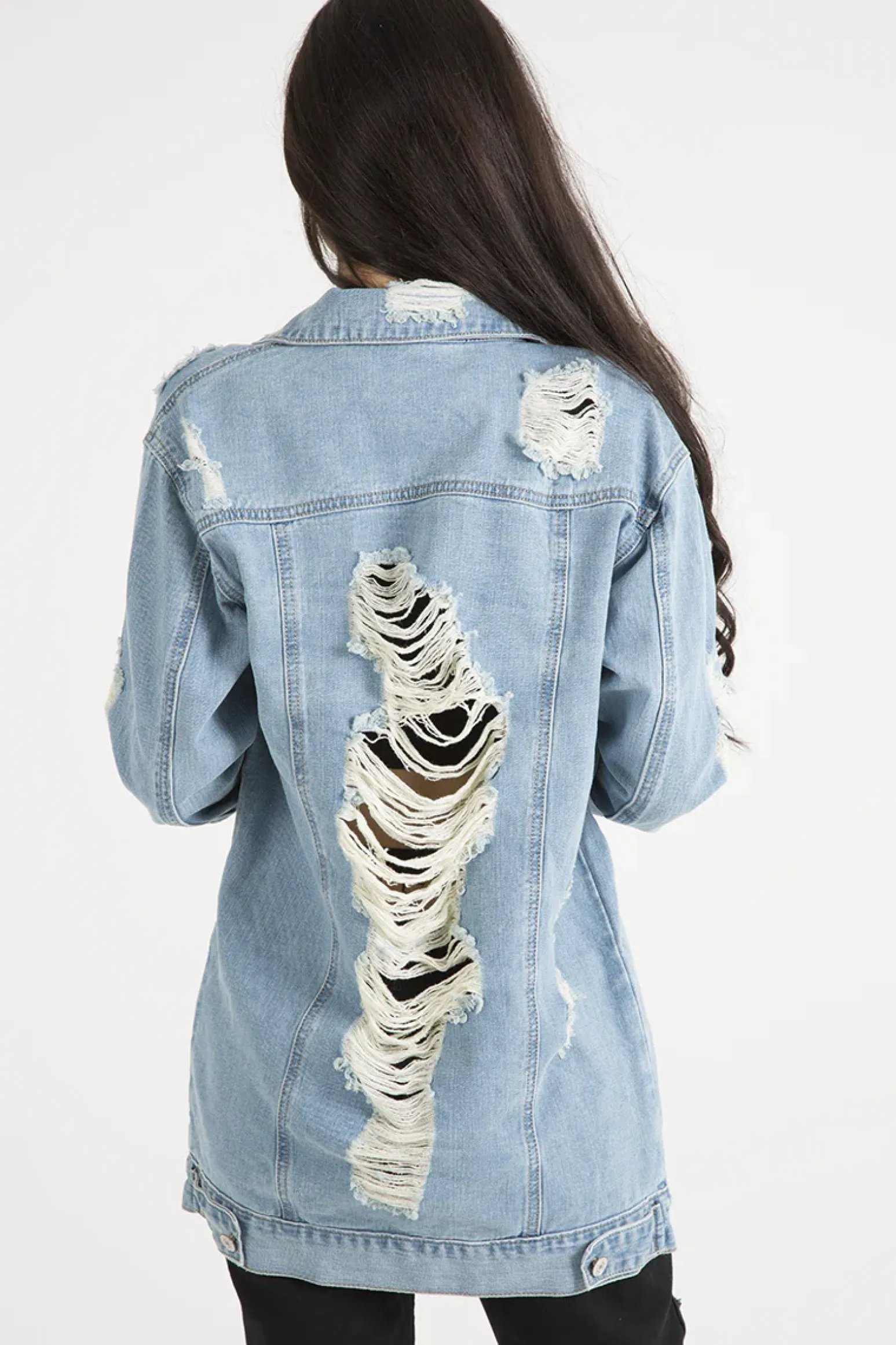 Rebellious Fashion Light Wash Distressed Oversized Denim Jacket - Amra