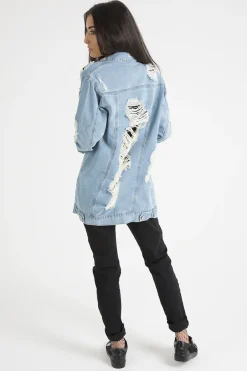 Rebellious Fashion Light Wash Distressed Oversized Denim Jacket - Amra