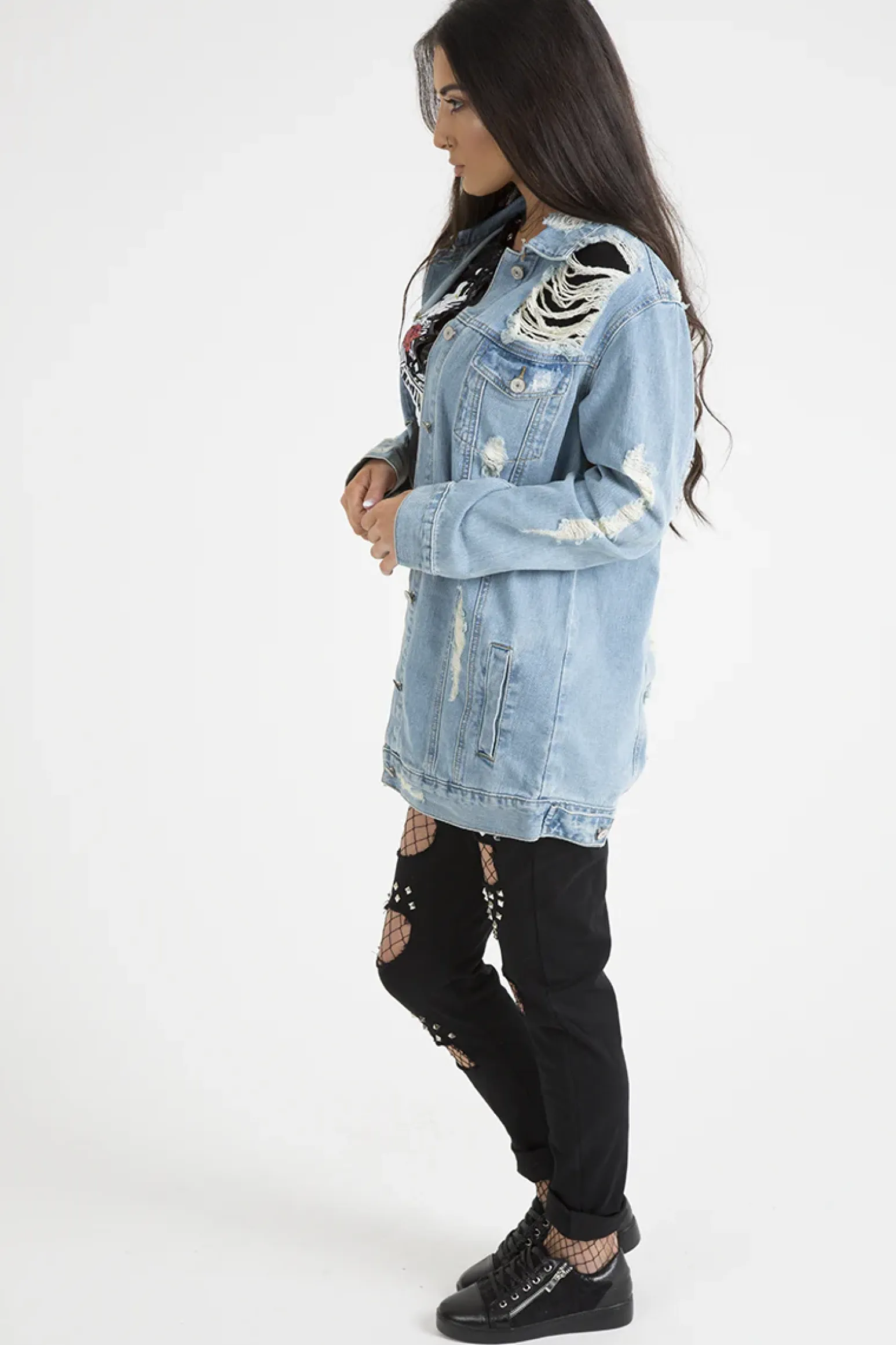 Rebellious Fashion Light Wash Distressed Oversized Denim Jacket - Amra