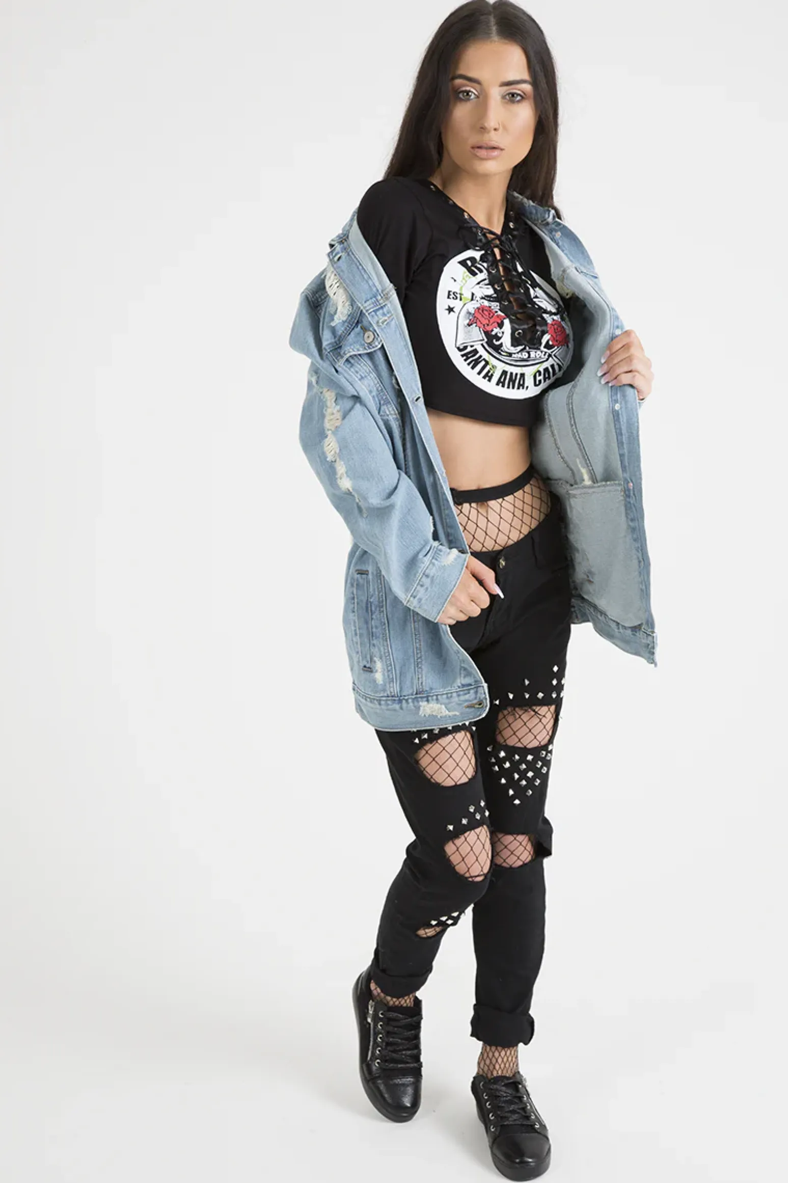 Rebellious Fashion Light Wash Distressed Oversized Denim Jacket - Amra