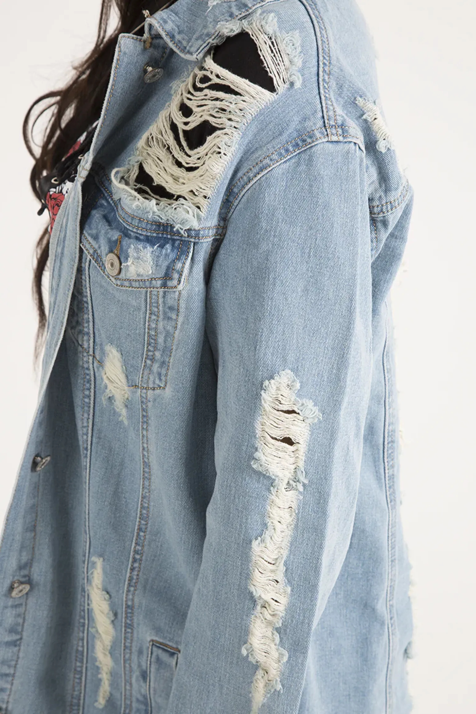 Rebellious Fashion Light Wash Distressed Oversized Denim Jacket - Amra