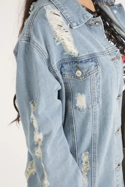 Rebellious Fashion Light Wash Distressed Oversized Denim Jacket - Amra