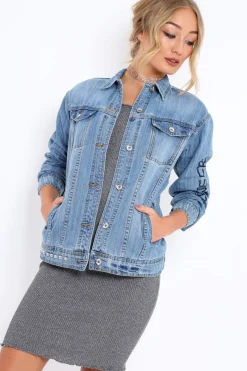 Rebellious Fashion Light Wash Embroidered Studded Denim Jacket - Tes