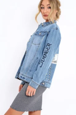 Rebellious Fashion Light Wash Embroidered Studded Denim Jacket - Tes