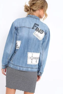 Rebellious Fashion Light Wash Embroidered Studded Denim Jacket - Tes