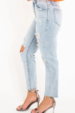 Rebellious Fashion Light Wash Extreme Front Rip Mom Jeans - Miko