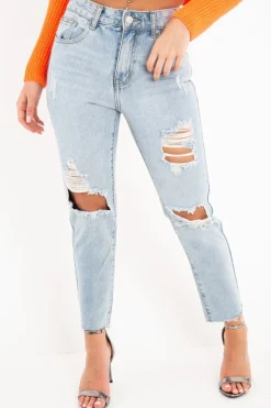 Rebellious Fashion Light Wash Extreme Front Rip Mom Jeans - Miko