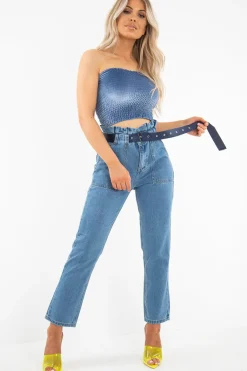 Rebellious Fashion Light Wash Eyelet Belted Paper Bag Mom Jeans - Myli