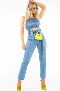 Rebellious Fashion Light Wash Eyelet Belted Paper Bag Mom Jeans - Myli