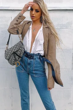 Rebellious Fashion Light Wash Eyelet Belted Paper Bag Mom Jeans - Myli