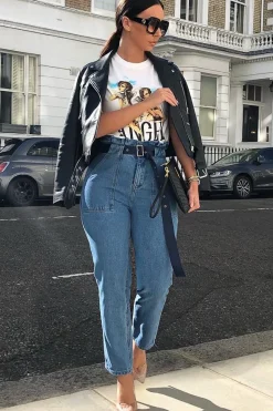 Rebellious Fashion Light Wash Eyelet Belted Paper Bag Mom Jeans - Myli