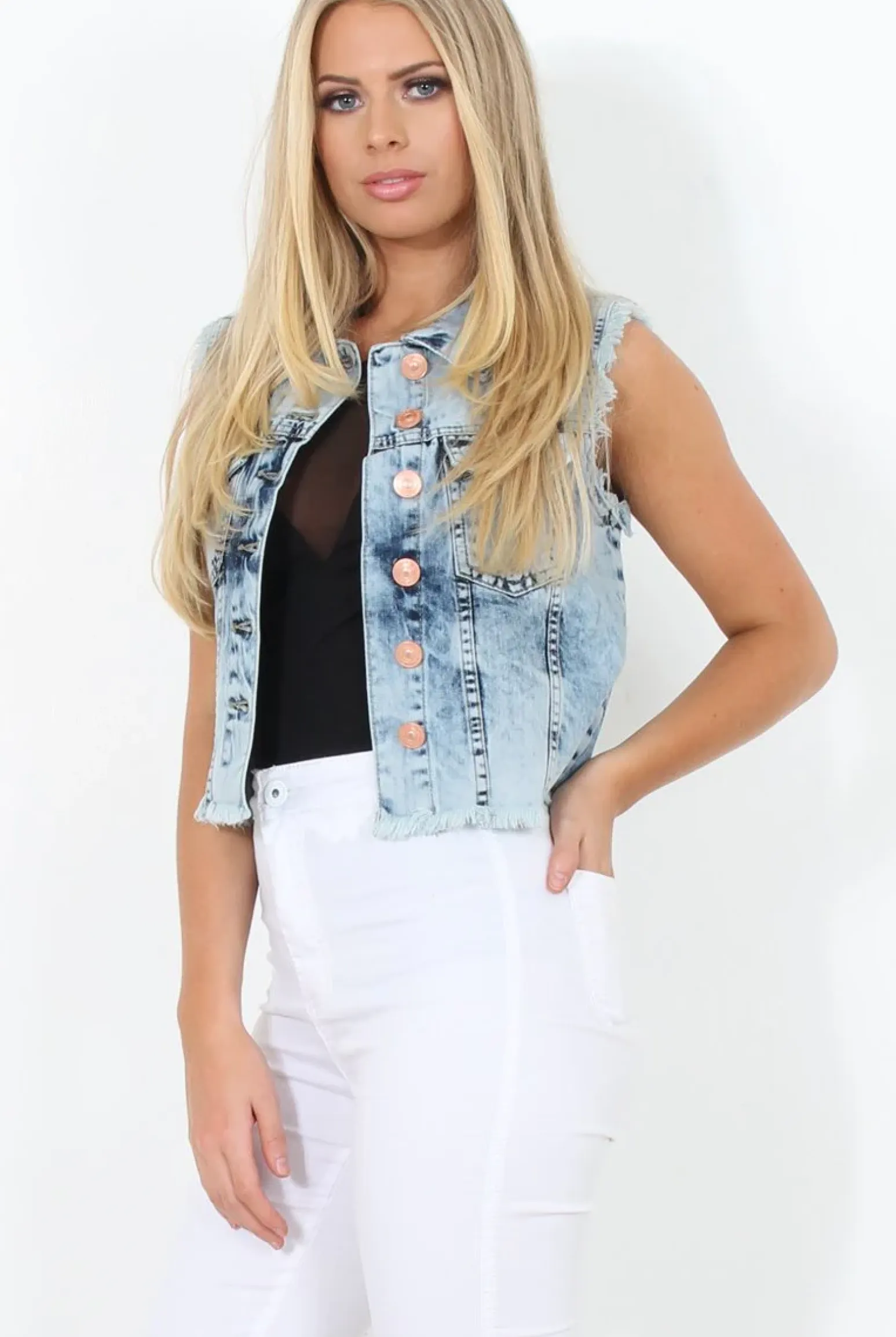 Rebellious Fashion Light Wash Frayed Denim Jacket - Amy