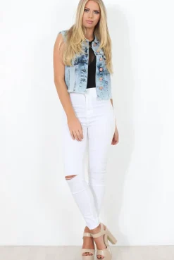Rebellious Fashion Light Wash Frayed Denim Jacket - Amy