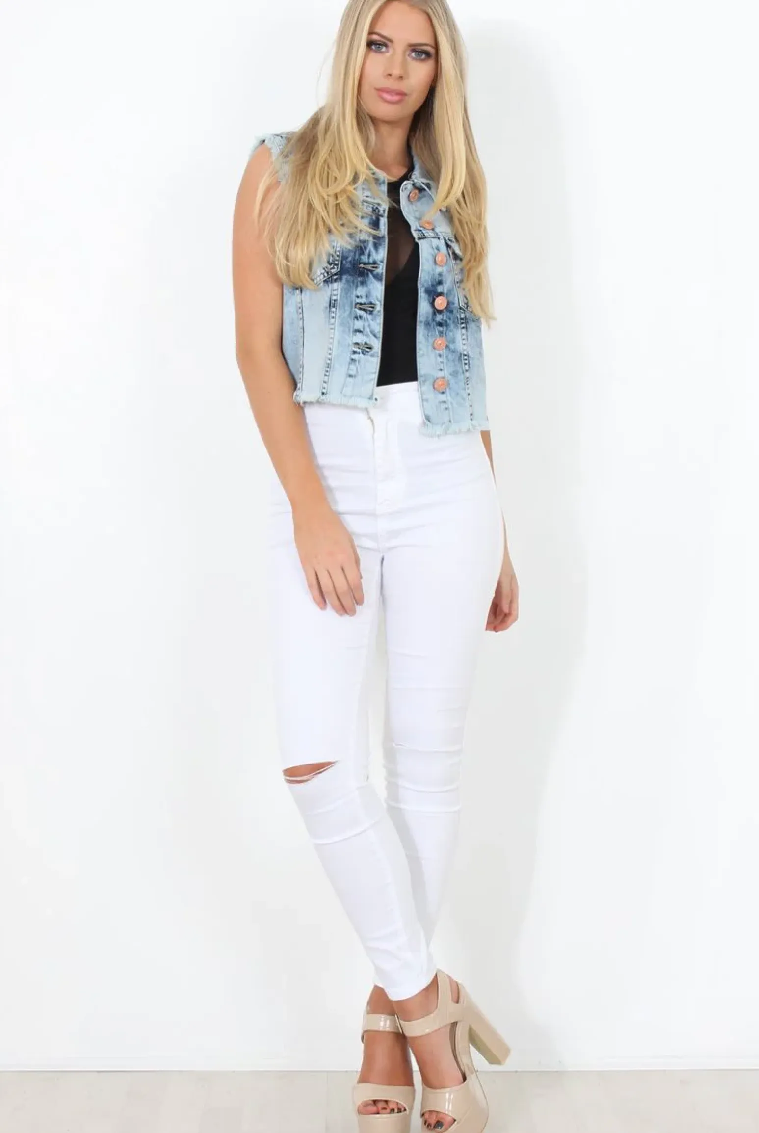 Rebellious Fashion Light Wash Frayed Denim Jacket - Amy