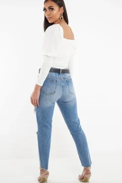 Rebellious Fashion Light Wash Fray Hem Distressed Boyfriend Jeans - Kaiah
