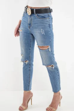Rebellious Fashion Light Wash Fray Hem Distressed Boyfriend Jeans - Kaiah