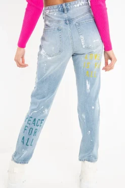 Rebellious Fashion Light Wash Graffiti Print Distressed Boyfriend Jeans - Maryana