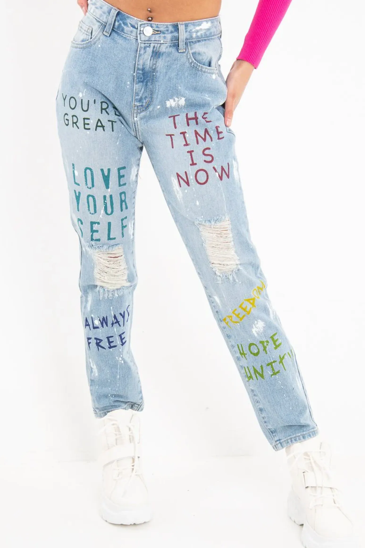 Rebellious Fashion Light Wash Graffiti Print Distressed Boyfriend Jeans - Maryana