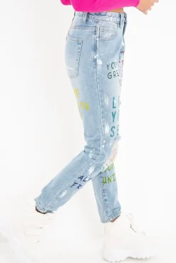 Rebellious Fashion Light Wash Graffiti Print Distressed Boyfriend Jeans - Maryana