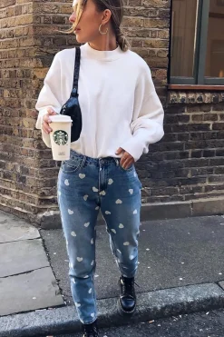 Rebellious Fashion Light Wash Heart Print Boyfriend Denim Jeans - Elainna