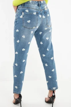 Rebellious Fashion Light Wash Heart Print Boyfriend Denim Jeans - Elainna