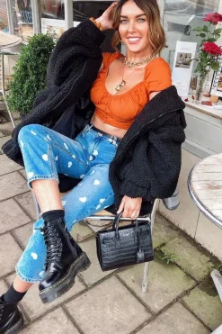 Rebellious Fashion Light Wash Heart Print Boyfriend Denim Jeans - Elainna