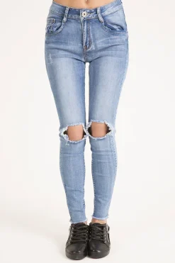 Rebellious Fashion Light Wash High Waisted Knee Rip Jeans - Penelope