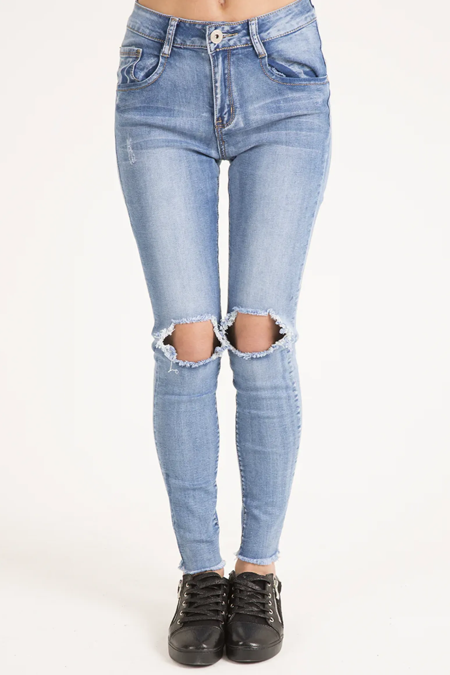 Rebellious Fashion Light Wash High Waisted Knee Rip Jeans - Penelope