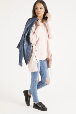 Rebellious Fashion Light Wash High Waisted Knee Rip Jeans - Penelope