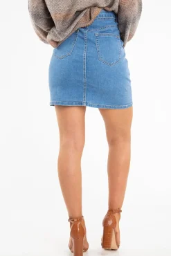 Rebellious Fashion Light Wash Horn Button Front Denim Mini Skirt - Yazmin