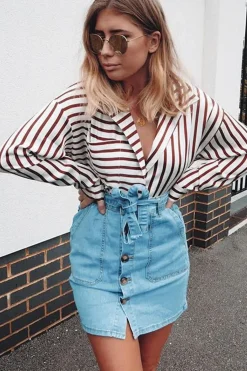 Rebellious Fashion Light Wash Horn Button Front Denim Mini Skirt - Yazmin