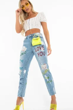 Rebellious Fashion Light Wash Love Graffiti Print Distressed Boyfriend Jeans - Maggie