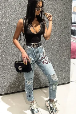 Rebellious Fashion Light Wash Love Graffiti Print Distressed Boyfriend Jeans - Maggie