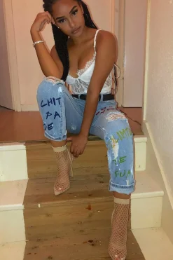 Rebellious Fashion Light Wash Love Graffiti Print Distressed Boyfriend Jeans - Maggie