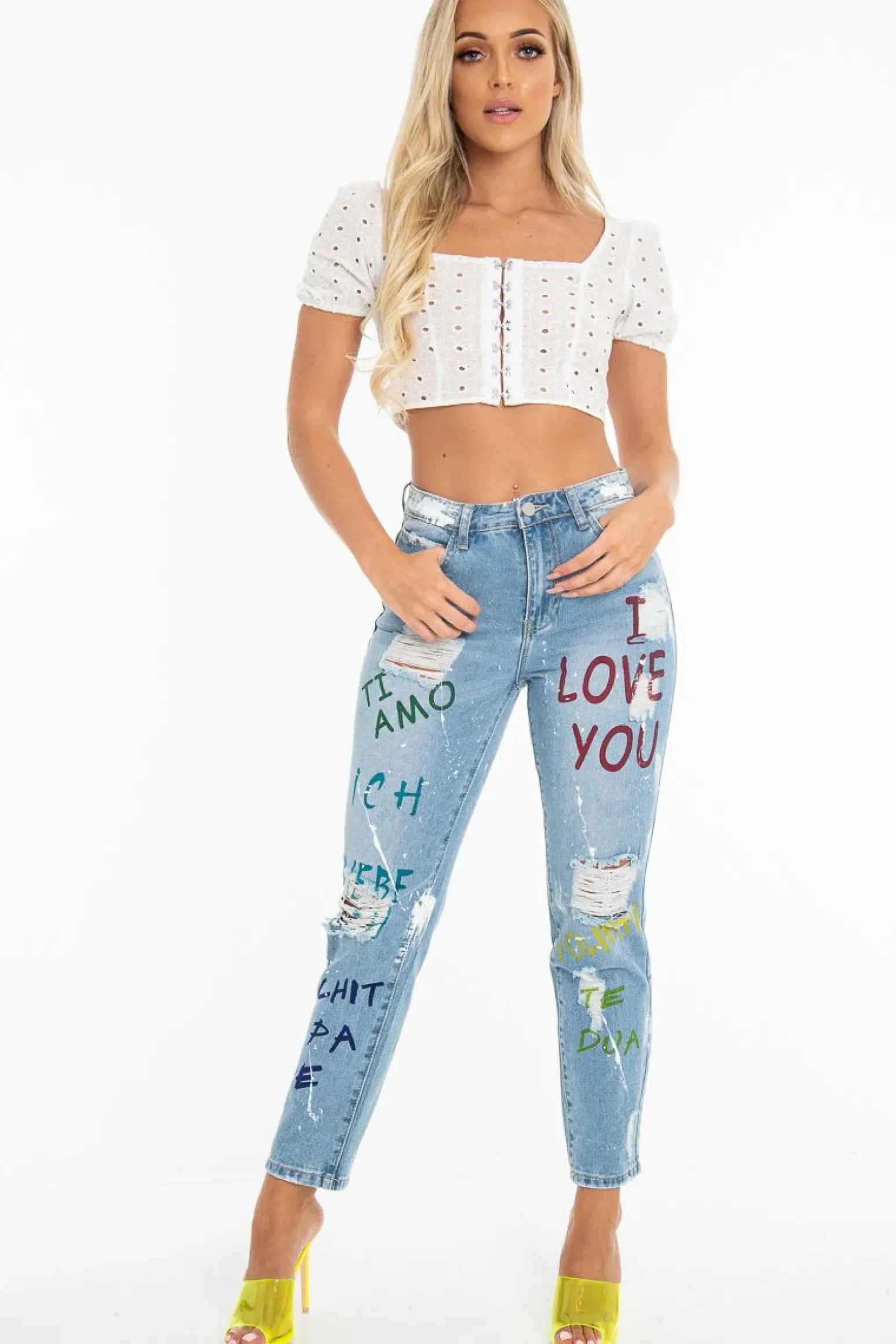 Rebellious Fashion Light Wash Love Graffiti Print Distressed Boyfriend Jeans - Maggie