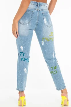 Rebellious Fashion Light Wash Love Graffiti Print Distressed Boyfriend Jeans - Maggie