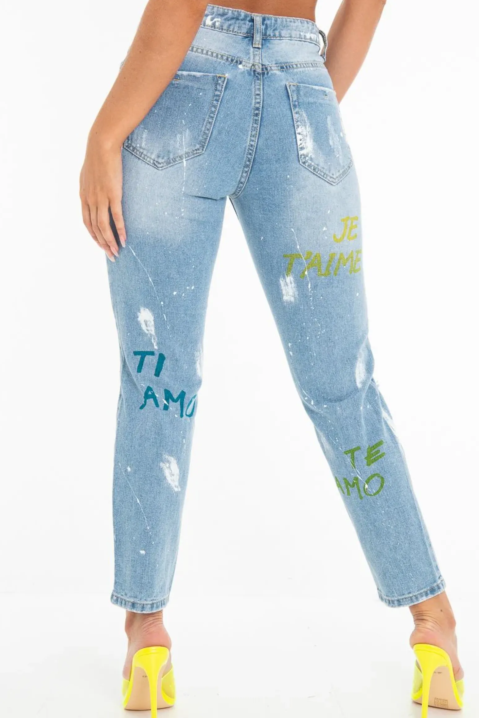 Rebellious Fashion Light Wash Love Graffiti Print Distressed Boyfriend Jeans - Maggie