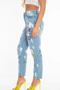 Rebellious Fashion Light Wash Love Graffiti Print Distressed Boyfriend Jeans - Maggie